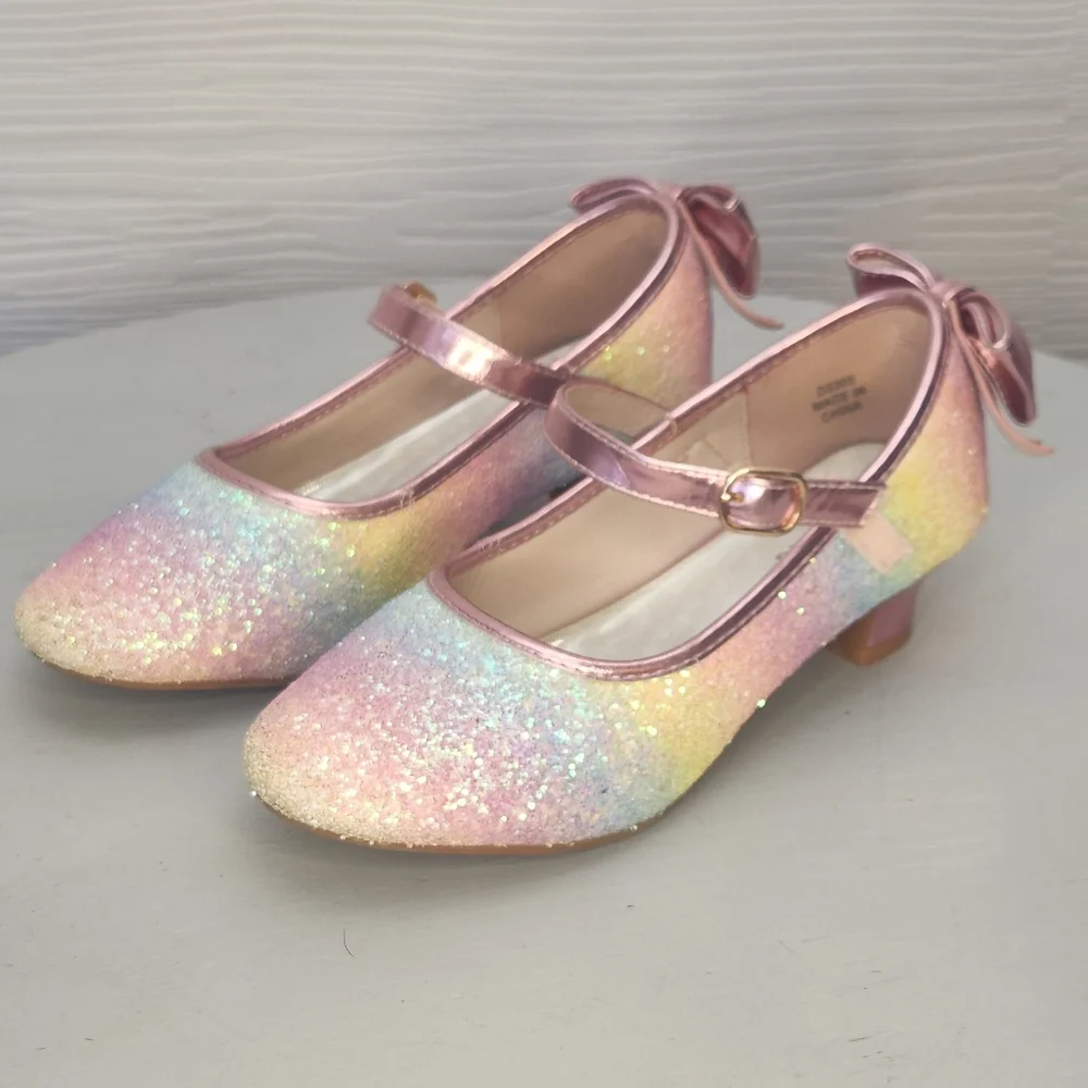 Annie Girls Size 3 Sparkly Shoes Mini Heels Bows Purple Pink Easter Spring